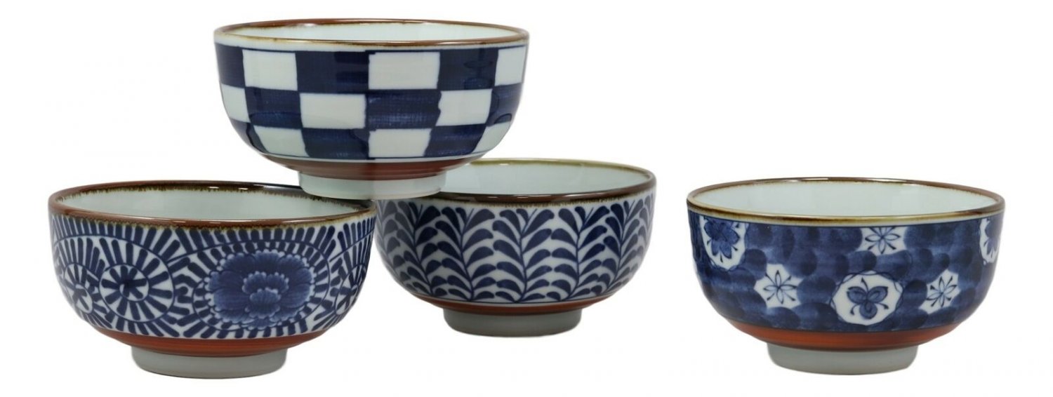 1 Japanese Shades Of Blue Artistic Porcelain Bowls Set of 4 Rice Salad Miso Soup EBR02