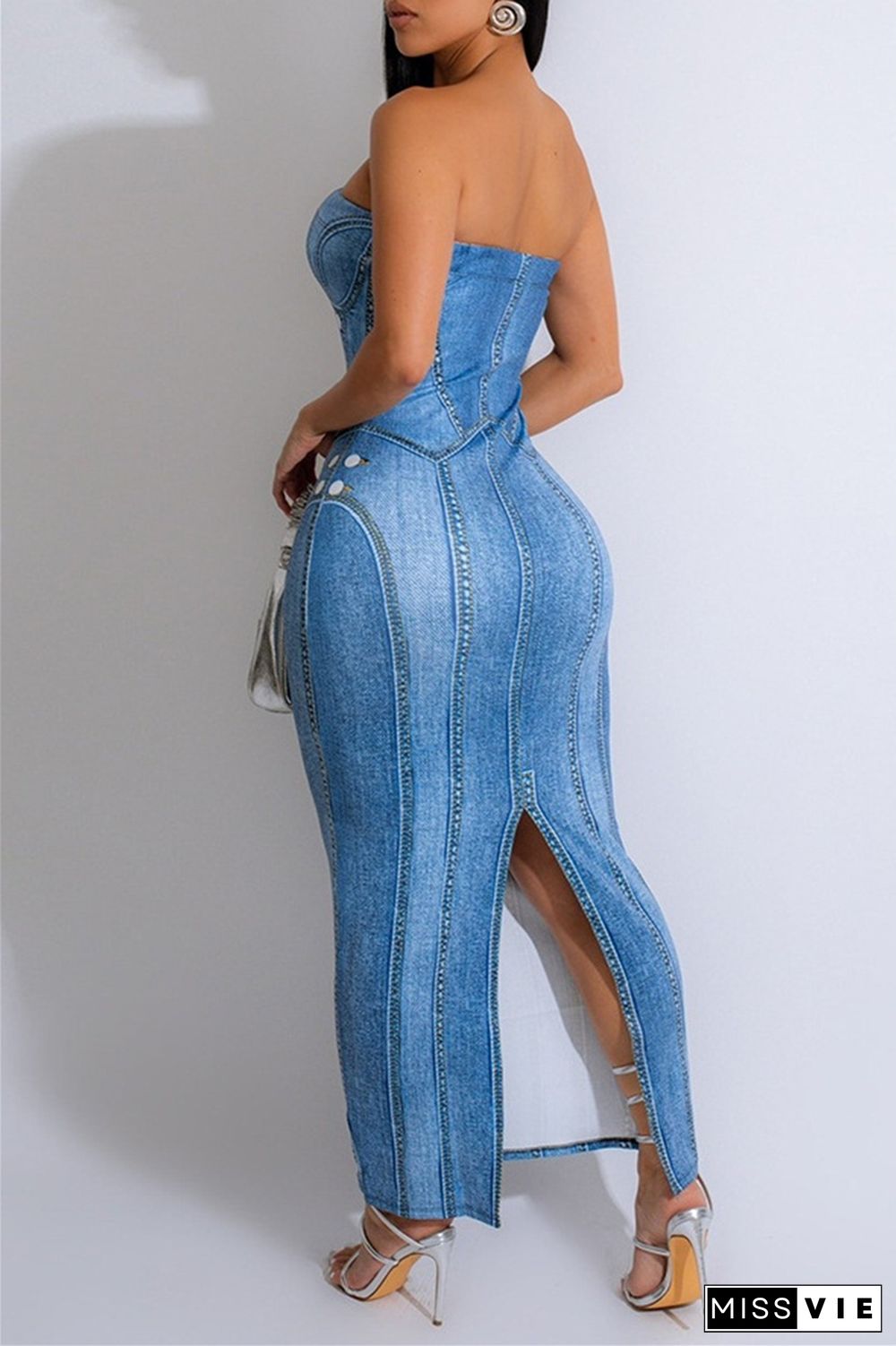 Sexy Print Backless Slit Strapless Long Dresses