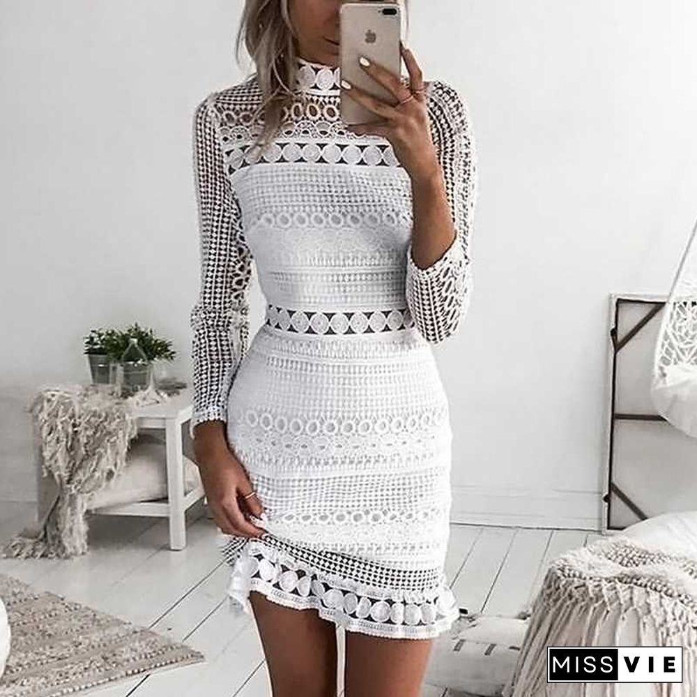 Bohemian long sleeve turtle neck white lace dress