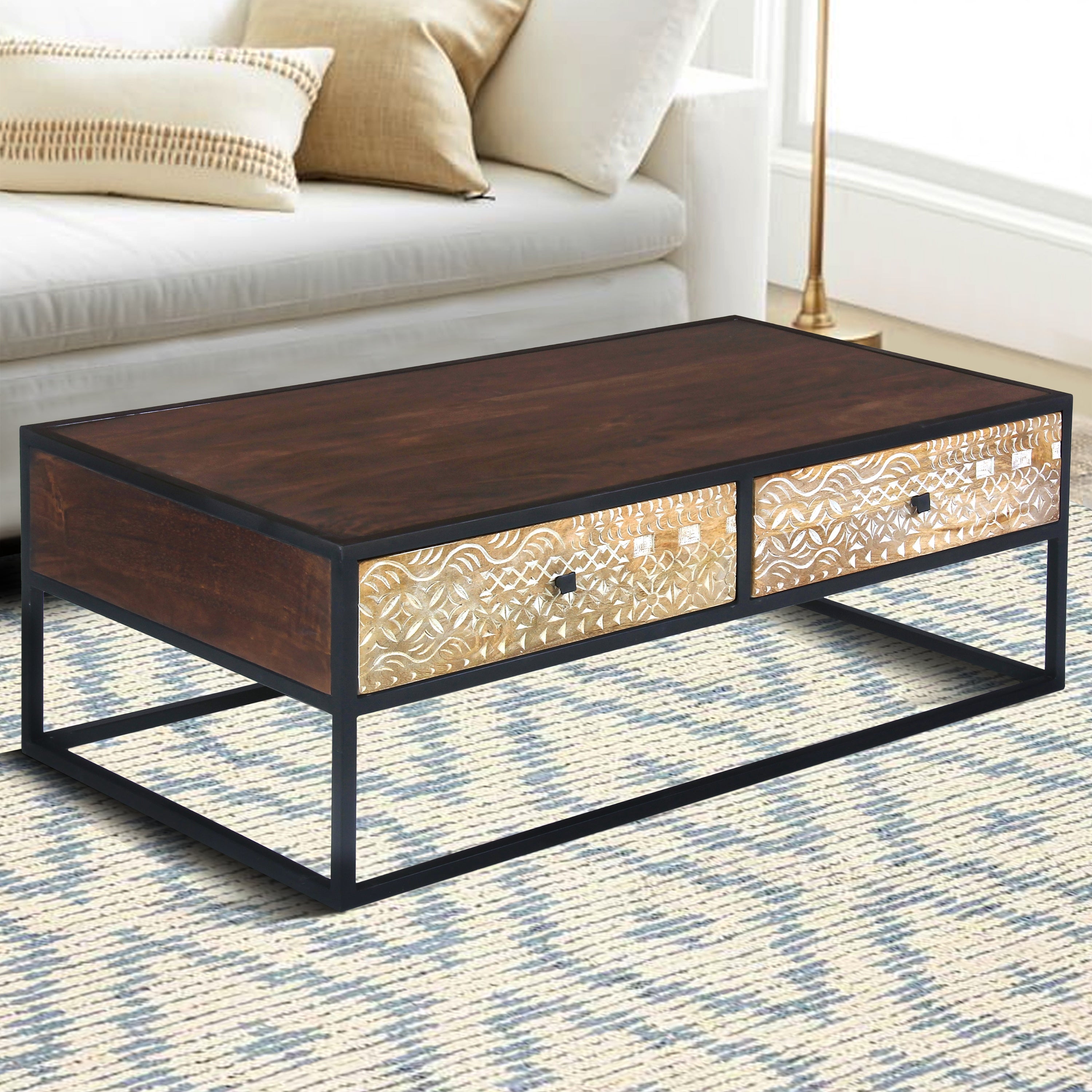 45 Inch Carson Rectangular Mango Wood Coffee Table with Metal Frame and 2 Drawers， Brown and Black