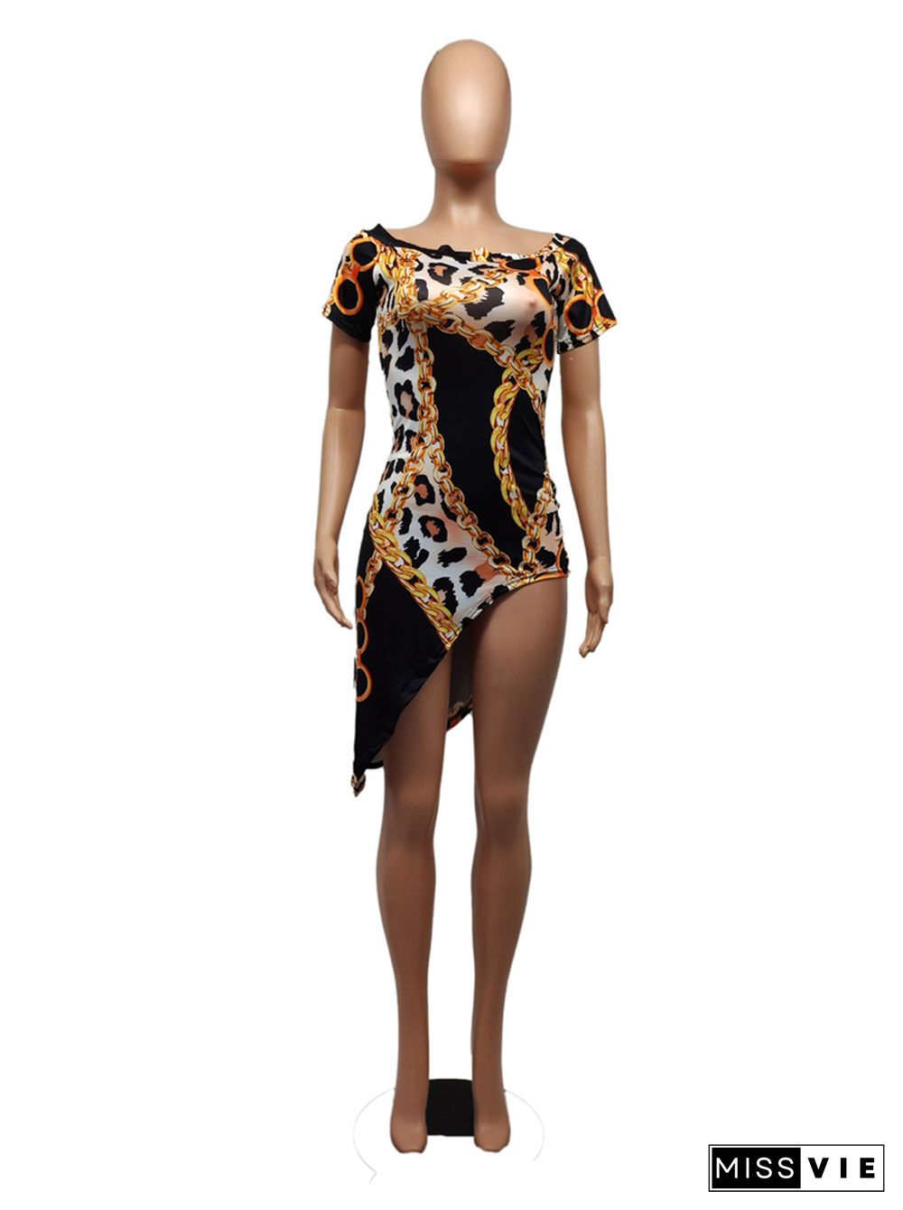 Leopard Print Short Sleeve Asymmetrical Dresses