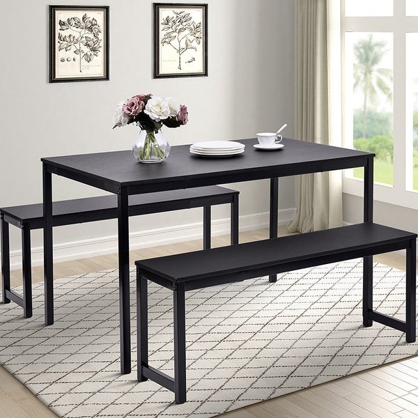 3 Pieces Dining Table and Chair Set， Dining Table with Two Benches， Black