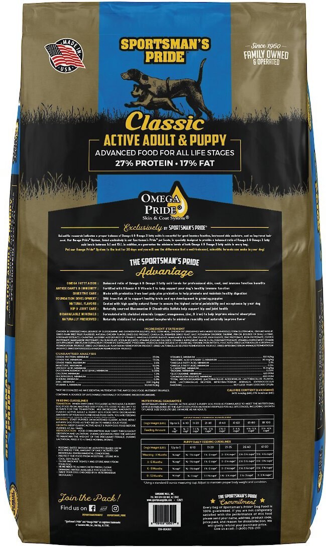 Sportsman's Pride Classic 27/17 Active Adult and Puppy Dry Dog Food， 40-lb bag