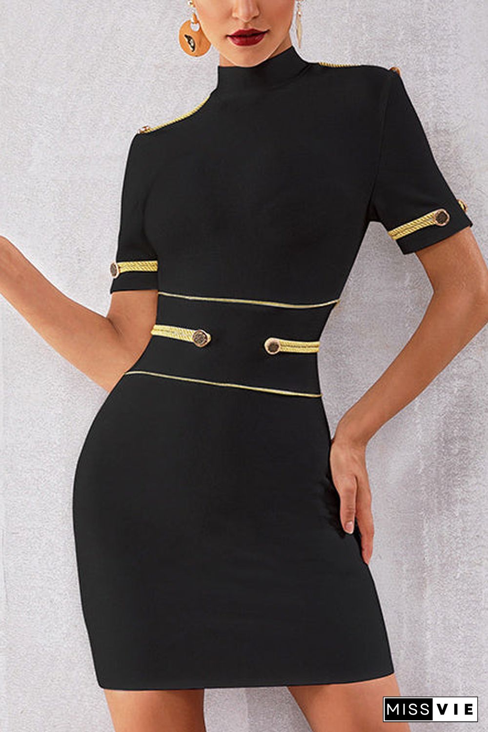 Mock-Neck Epaulet Bandage Dress With Short Sleeves