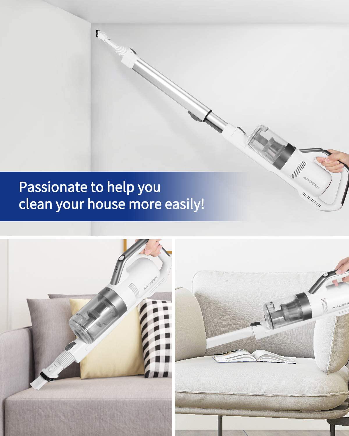 Aposen 21Kpa Stick Vaucum Cleaner， Anti Dust Mites Cordless Vacuum for Hard Floor Carpet， White