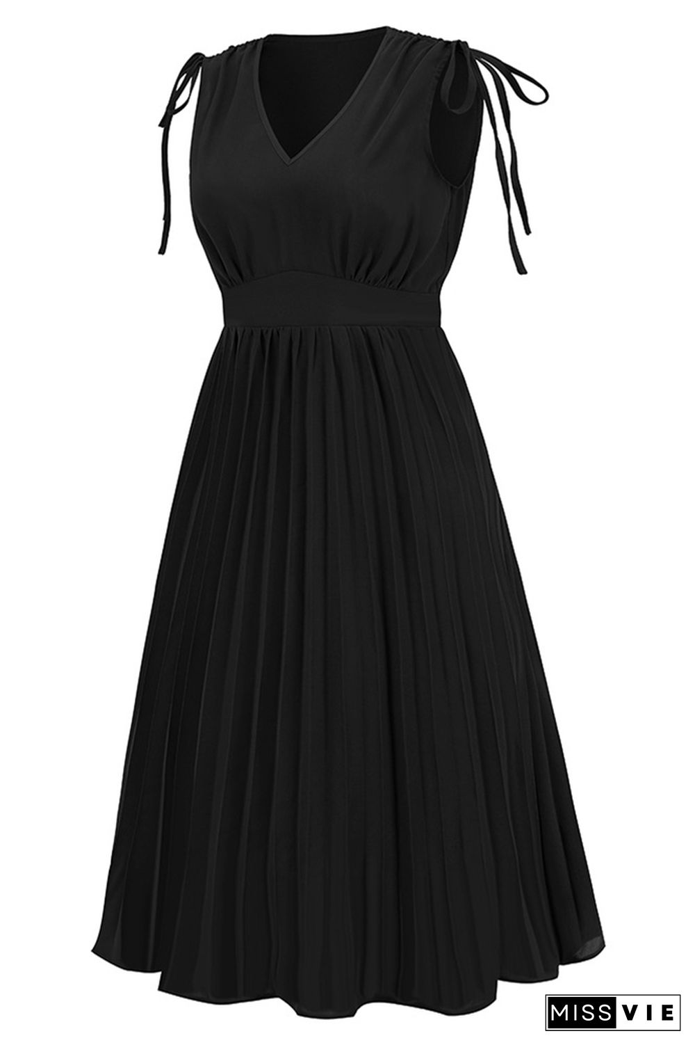 V Neck High Waist Ruched Neck Pleated Midi Dress