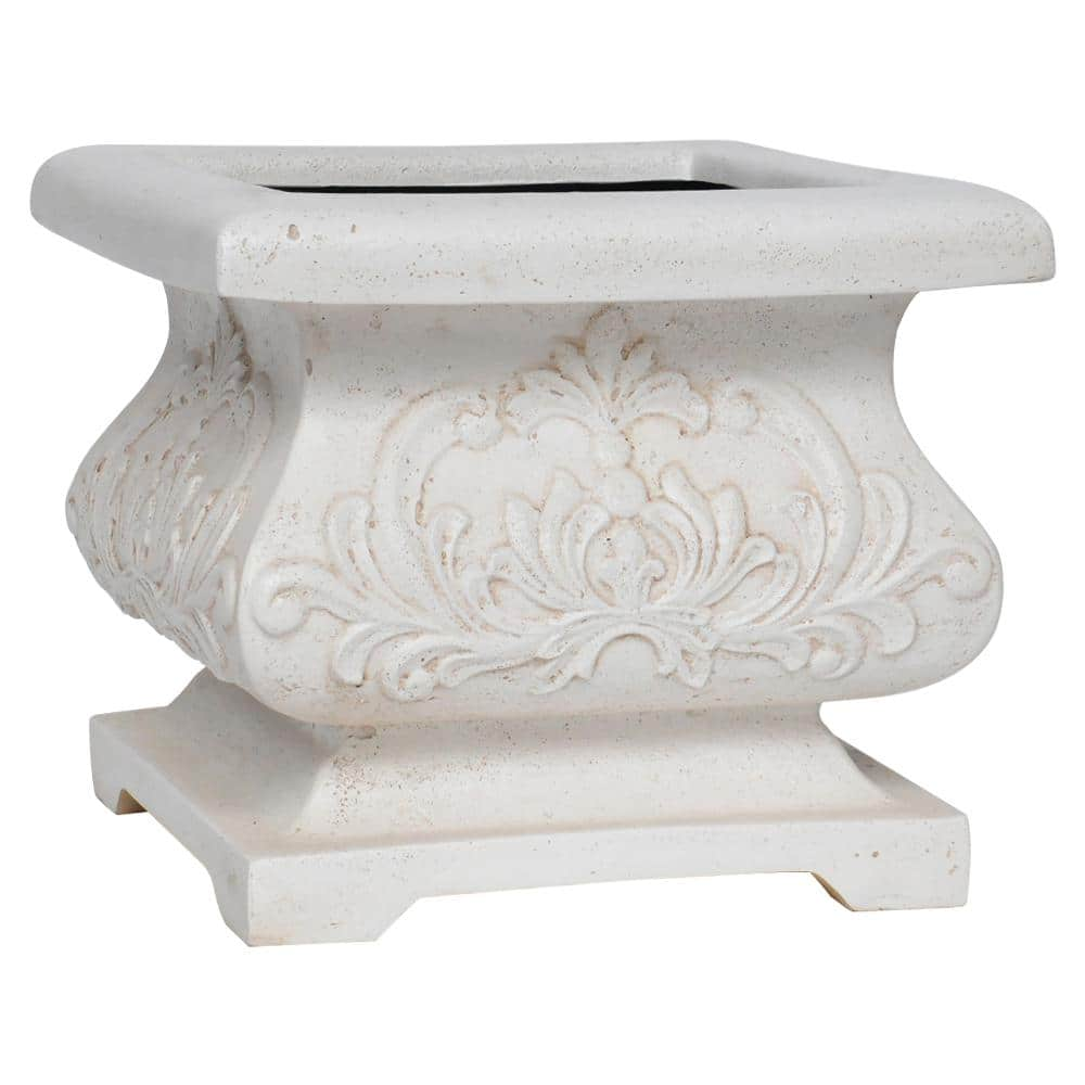 MPG 18 in. sq. Aged White Cast Stone Fiberglass Bombe Planter PF5795AW