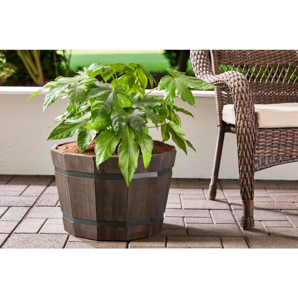 Vigoro 20 in. Orinda Large Black Wood Barrel Planter (20 in. D x 13 in. H) 1000019984