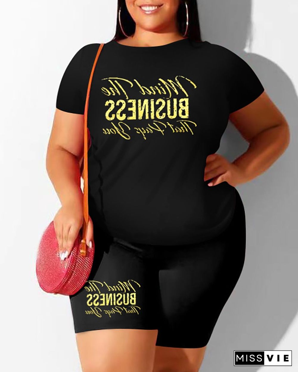 Plus Size Letter Print Short Sleeve Top & Shorts Set