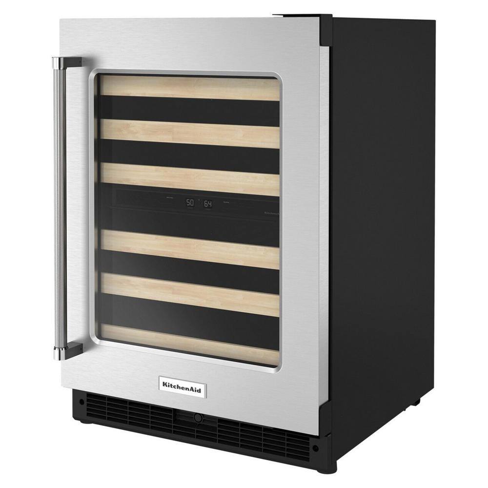 KitchenAid 24 in. Dual Zone 46- Bottle Built-In Undercounter Wine Cooler in Black Cabinet with Stainless Door KUWR214KSB