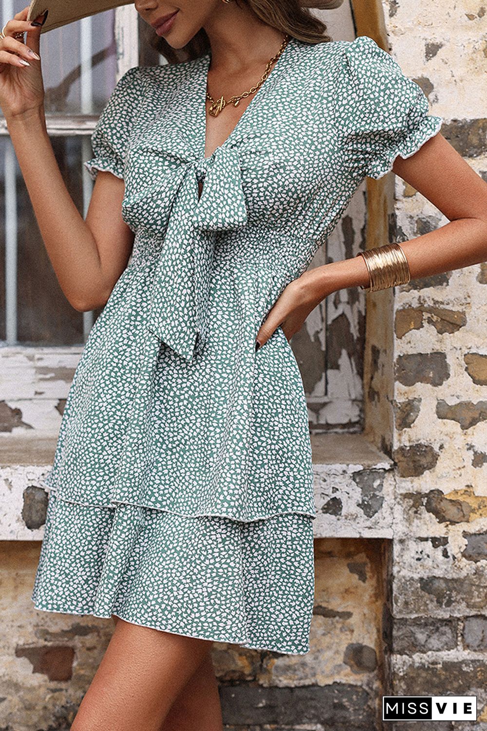 Polka Dot V-neck Tie Knot Short Sleeve Dress Wholesale