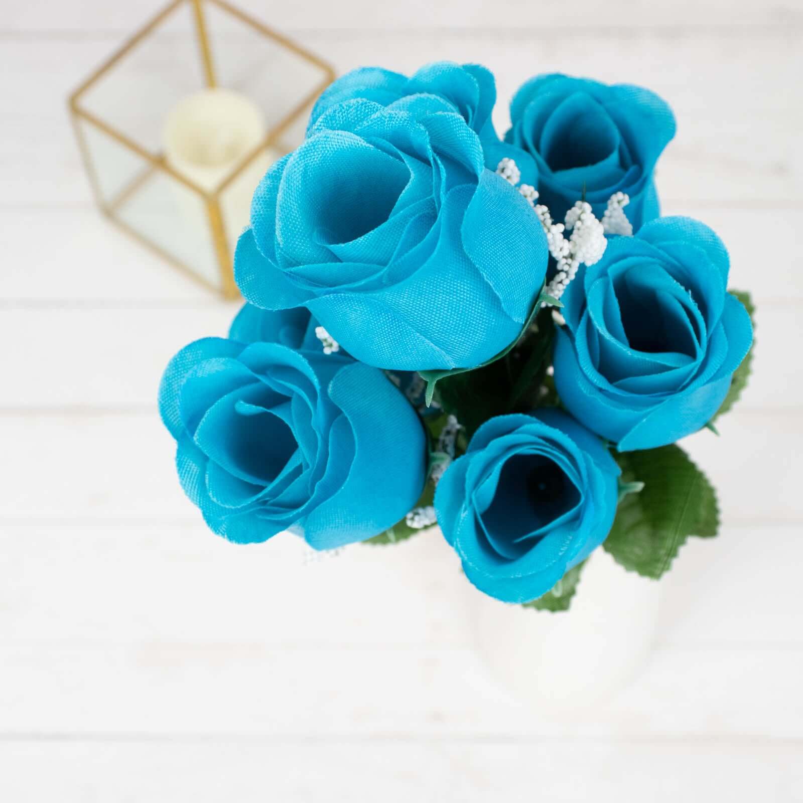 12 Bushes Turquoise Artificial Premium Silk Flower Rose Bud Bouquets