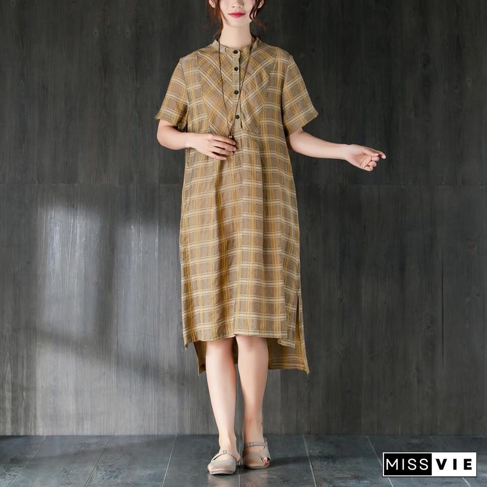 vintage Midi-length cotton dress plus size Lattice Summer Women Dress with Button