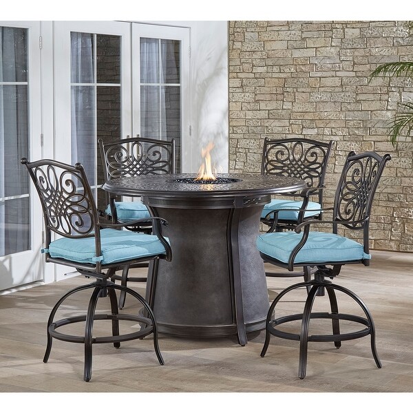 Hanover Traditions 5Piece HighDining Set with 4 Swivel Chairs and a 40，000 BTU Casttop Fire Pit Table