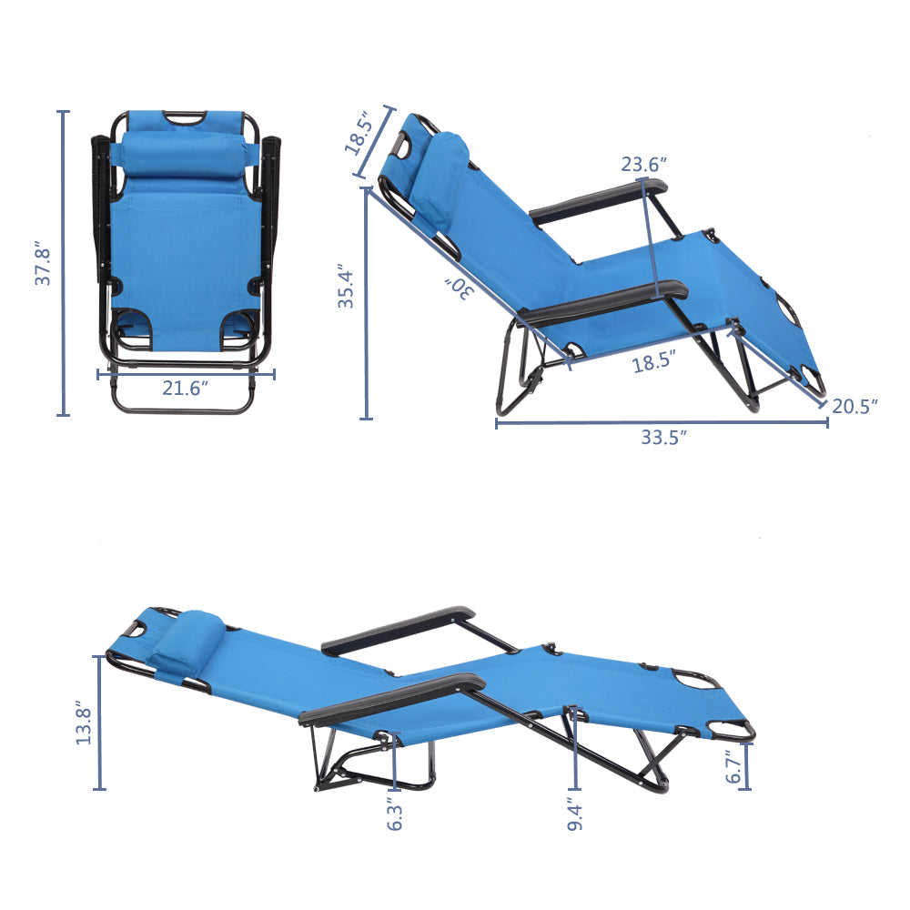 JUMPER Lounge Beach Chair Foldable Patio Recliner with Adjustable Headrest， Blue