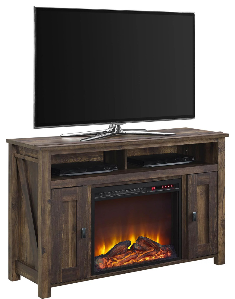 Farmhouse TV Stand With Fireplace  Open Shelves  ampSide Cabinets  Rustic Brown   Rustic   Entertainment Centers And Tv Stands   by Decorn  Houzz