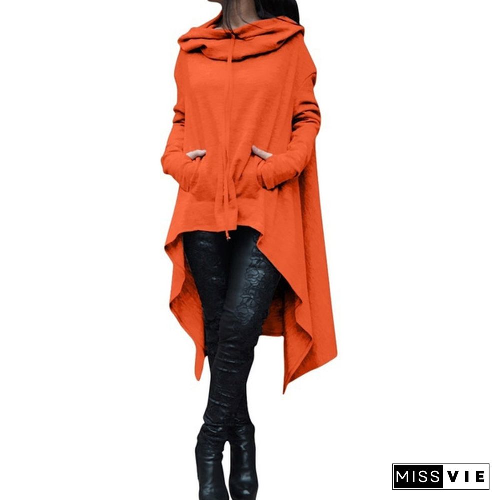 Womens Solid Color Draw Cord Coat Long Sleeve Loose Casual Long Hoodies Sweatshirts Poncho Coat Hooded Pullover