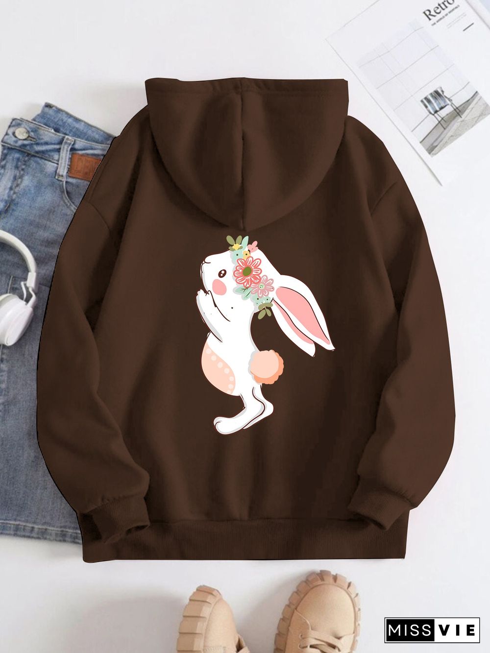 Printed on the Back Kangaroo Pocket Hoodie Long Sleeve for Women Pattern Rabbit Wearing Flowers