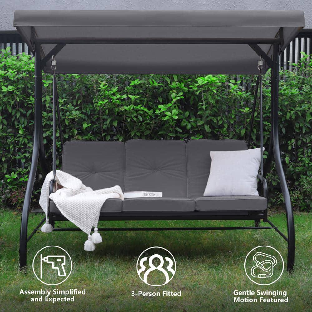 VEIKOUS 3Seat Converting Canopy Patio Swing Steel Lounge Chair with Cushions in Dark Grey