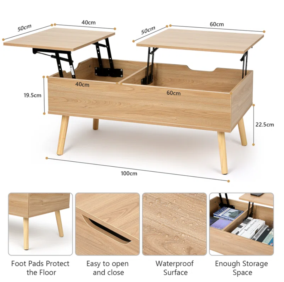 Lift Top Coffee Table with Storage, Double Lift Top Rectangular Storage Coffee Table