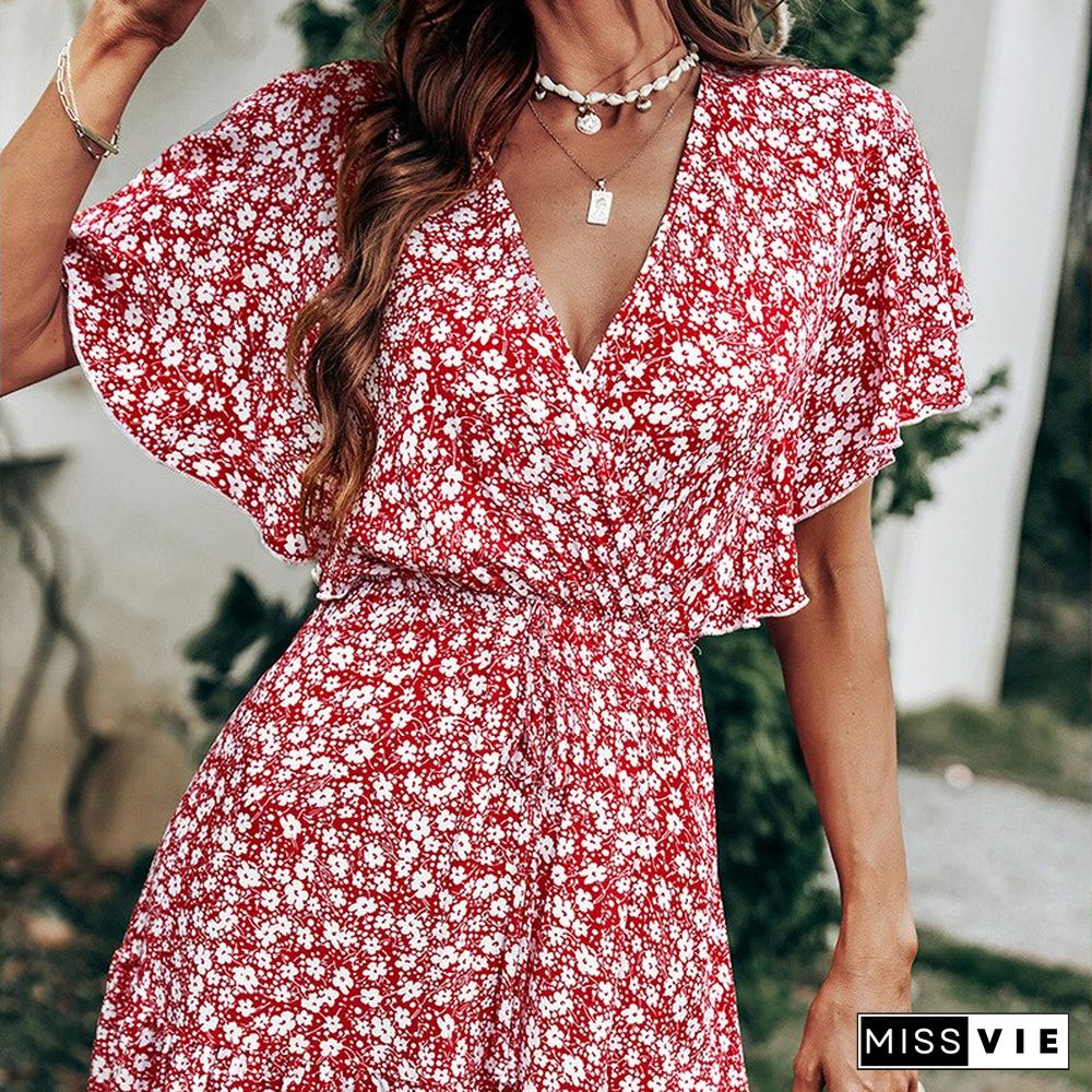 Casual Women Summer Dress New V-Neck Short Ruffle Sleeve Red Floral Print Big Swing Lace-up Elastic Waist A-line Mini Dress