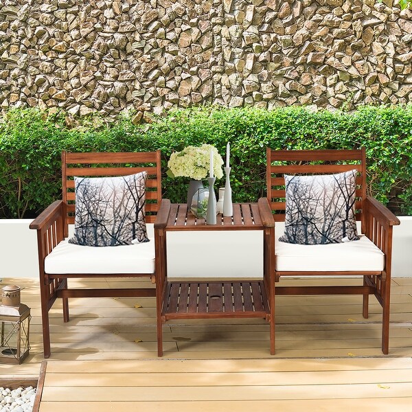 Costway Patio Loveseat Conversation Set Acacia Wood Chair Coffee Table