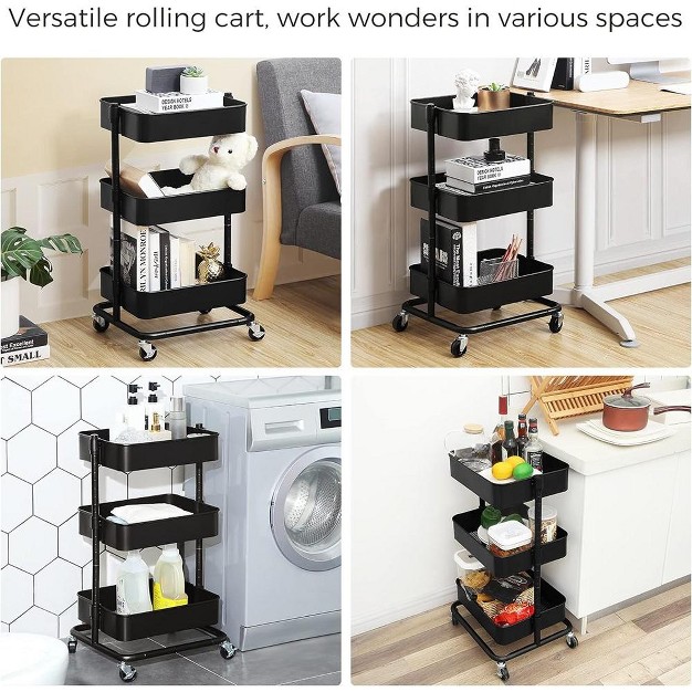 Songmics 3 tier Metal Rolling Cart Utility Cart Kitchen Cart With Adjustable Shelves Easy Assembly For Kitchen Office Bathroom Black