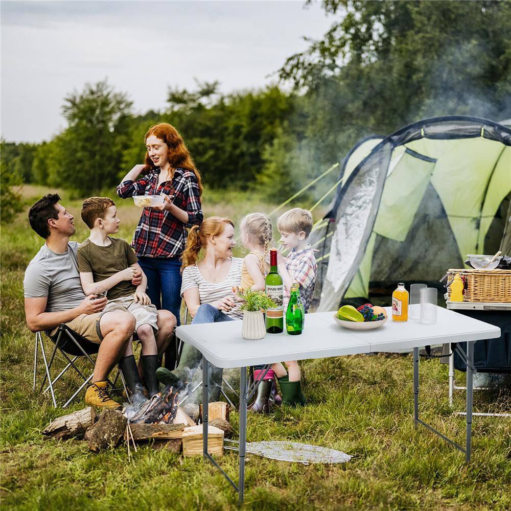 Costway Folding Metal Table Portable Bi-Fold Picnic Dining Table with 3-Level Height Adjustment NP10265