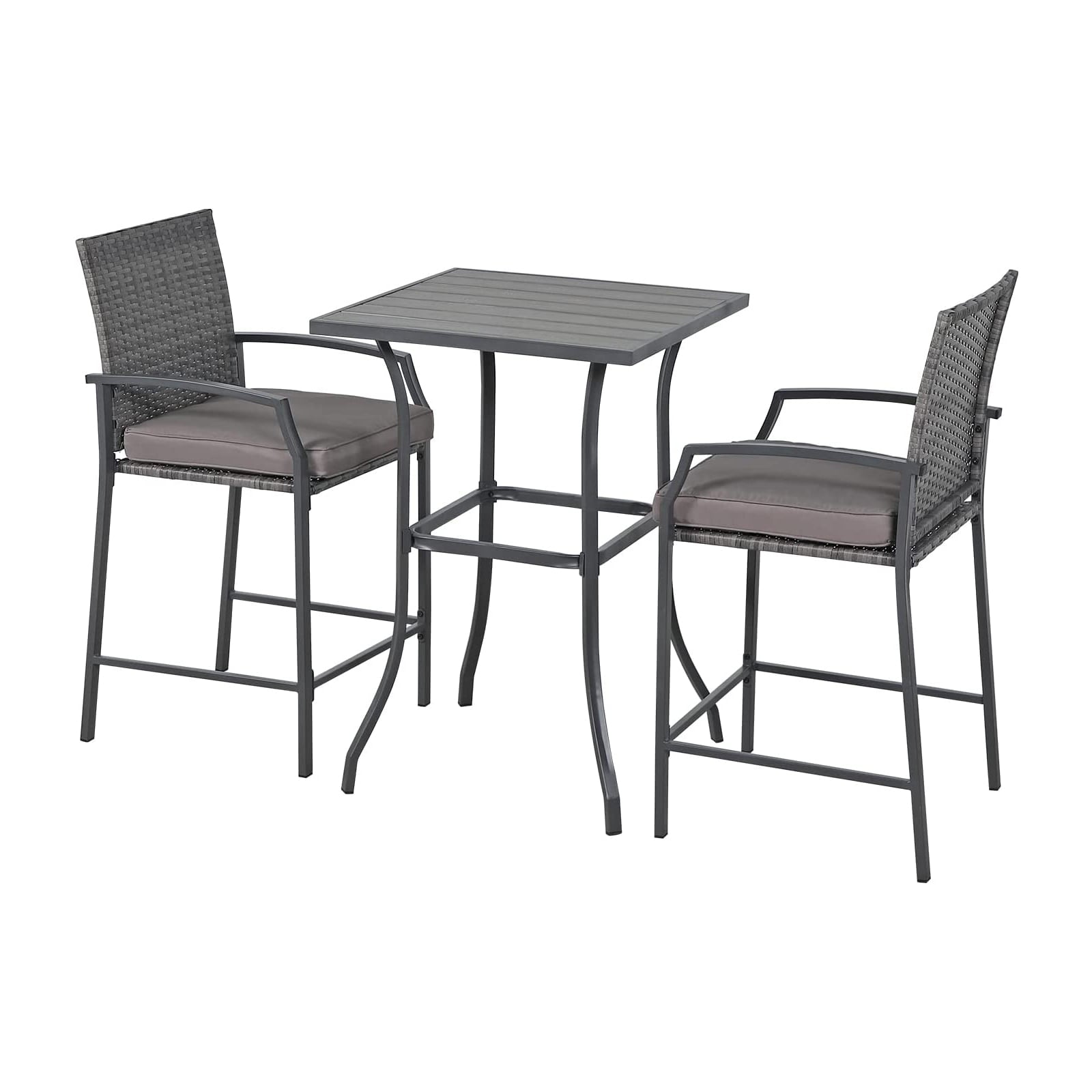 Patio Bar Set， 3 Piece Outdoor Wicker Bistro Set， All-weather Rattan Height Bar Stools with Cushions， Wood Top Bar Height Table Bistro Bar Set for 2 people， for Backyard， Patio， Pool， Garden