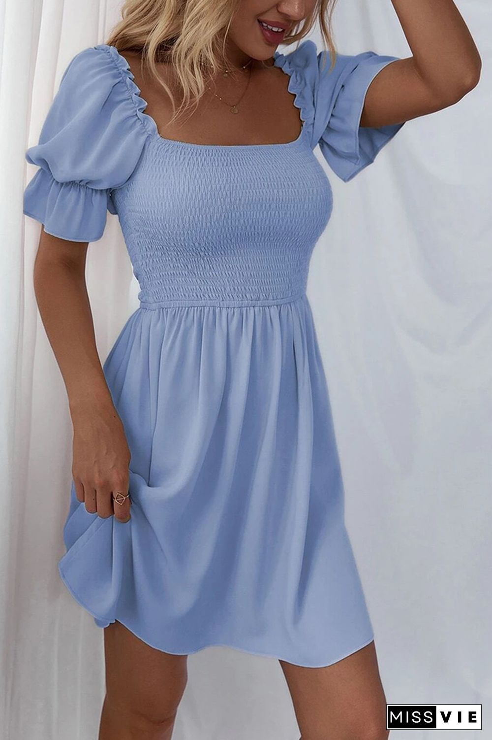 Square Collar Smocking Stitch A-line Dress Wholesale