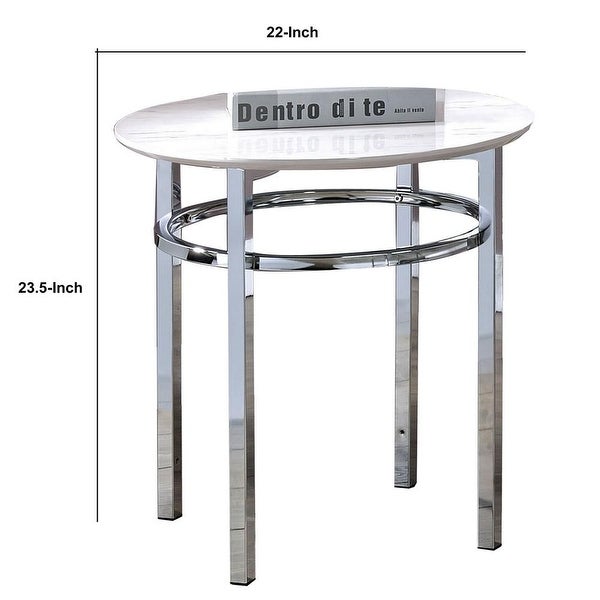 23 Inch Round Faux Marble Top End Table， White and Chrome - 23.5 H x 22 W x 22 L