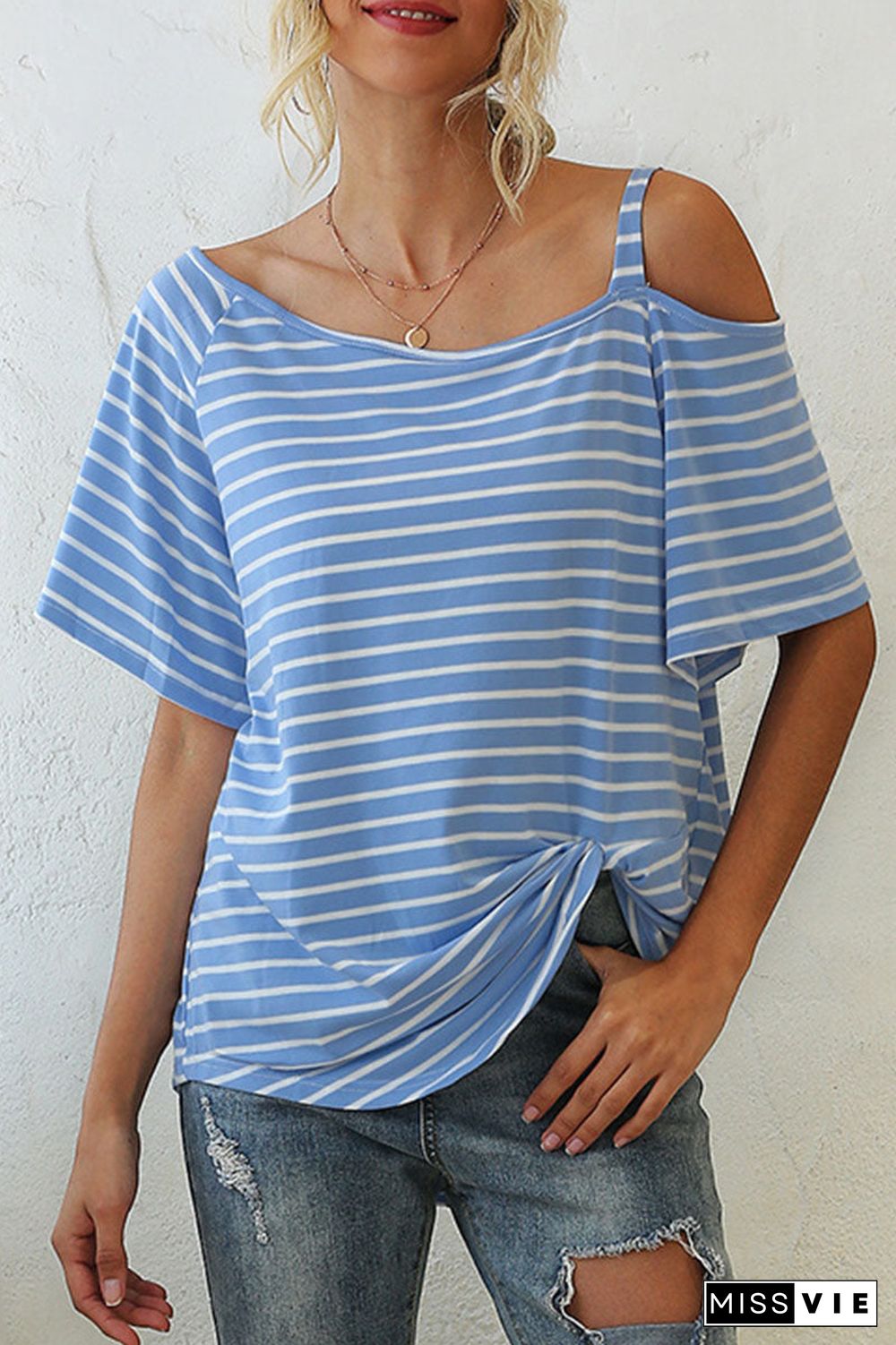 Fashion Street Striped Oblique Collar T-Shirts