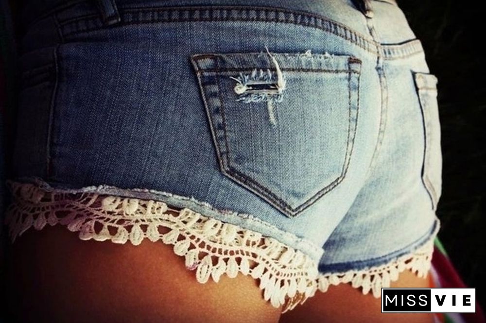 New Women Sexy Pachwork Denim Shorts Lace Trouser