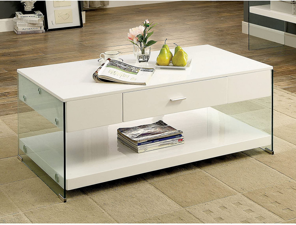 Contemporary Coffee Table  Tempered Glass Panel Legs With Storage Drawer  White   Contemporary   Coffee Tables   by Declusia  Houzz