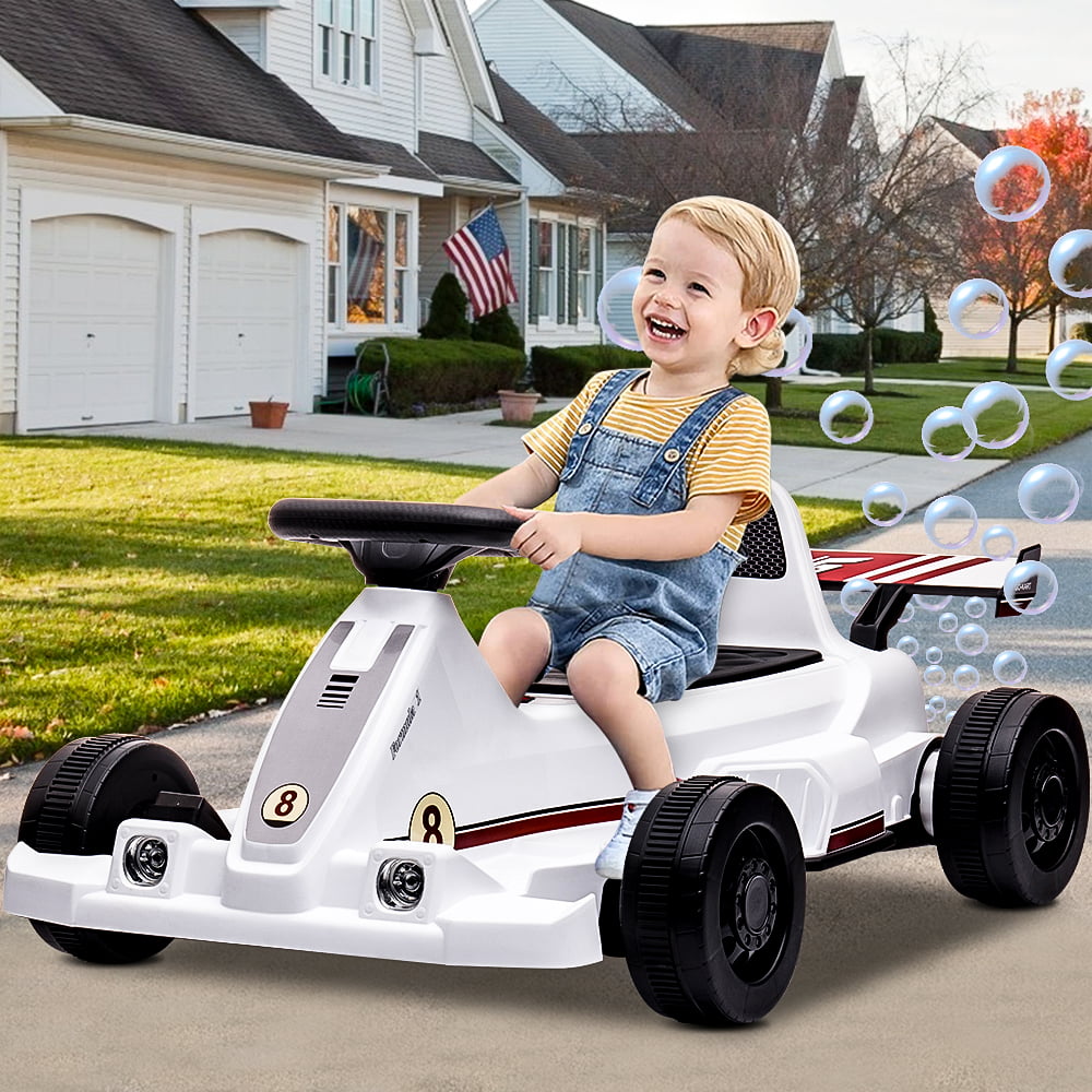 6V Ride on Toys for Boys Birthday Christmas Gifts， Battery Powered Kids Go Kart with Bubble， One Button Start， Horn， Forward/Backward， Go Kart for 2-5 Year Olds Kids， White