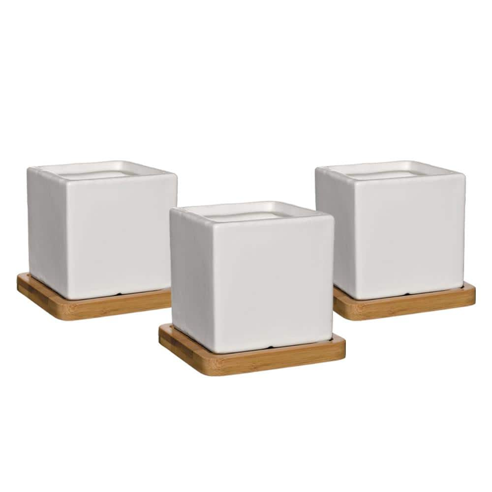 CHG CLASSIC HOME  GARDEN 3.5 in. Nova White Ceramic Square Planter with Tray (3-Pack) K90030