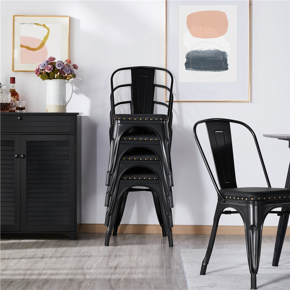 SMILE MART Industrial Metal Studded Dining Chair with Cushion， Set of 4， Black