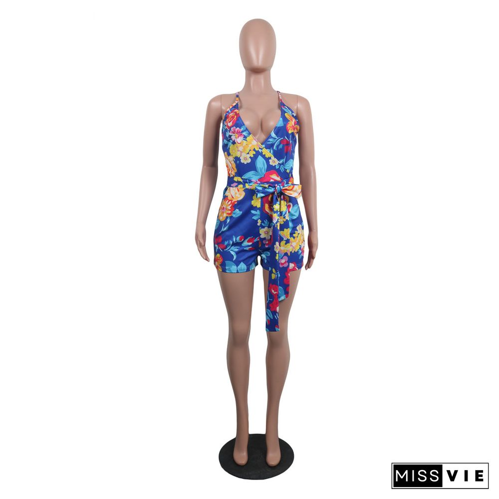 Women Holiday Floral Print V Neck Sleeveless Summer Bandage Beach Halter Neck Skinny Rompers