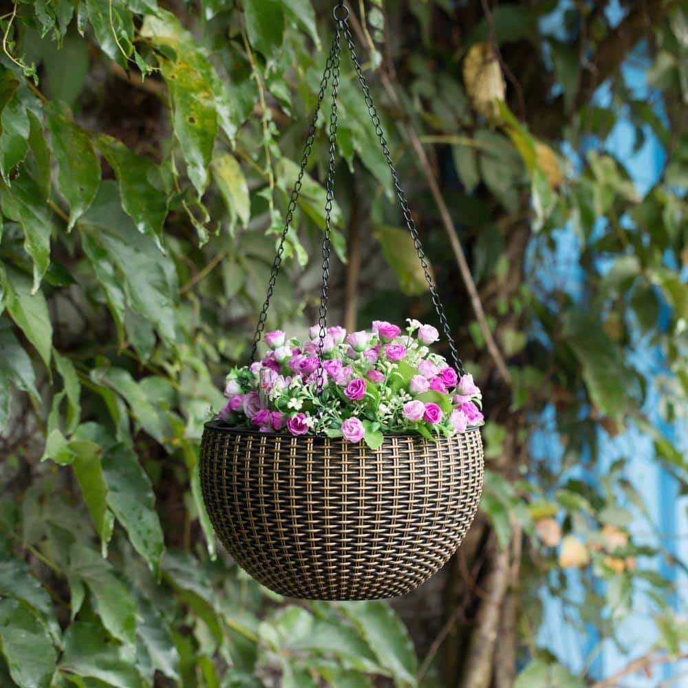 Gardenised 10 in. Self Watering Bronze Plastic Hanging Basket Flower Planter QI003891