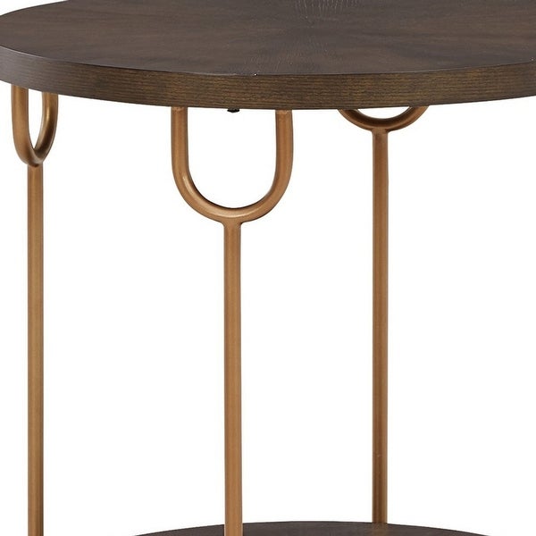 24 Inch Modern Round Side End Table， Espresso Brown Wood， Gold Metal Legs