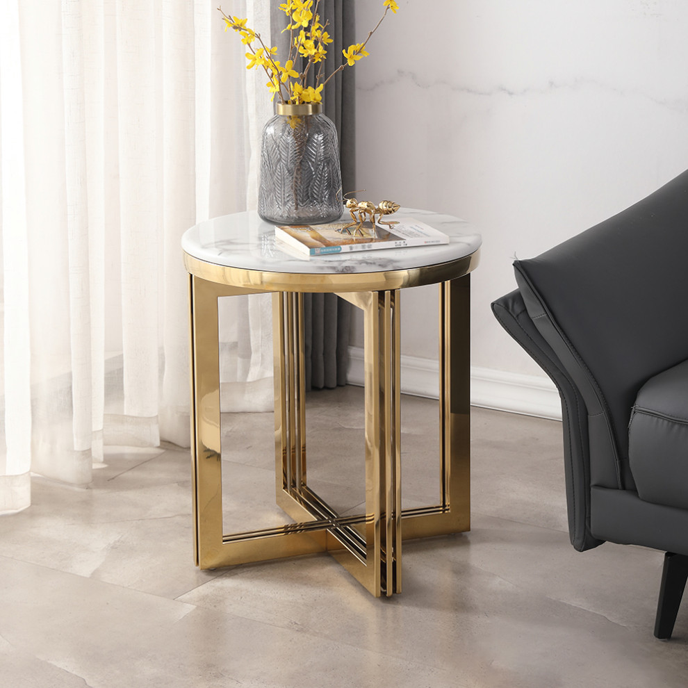 Modern Round Marble top End Table Side Table in White  ampGold   Contemporary   Side Tables And End Tables   by Homary International Limited  Houzz