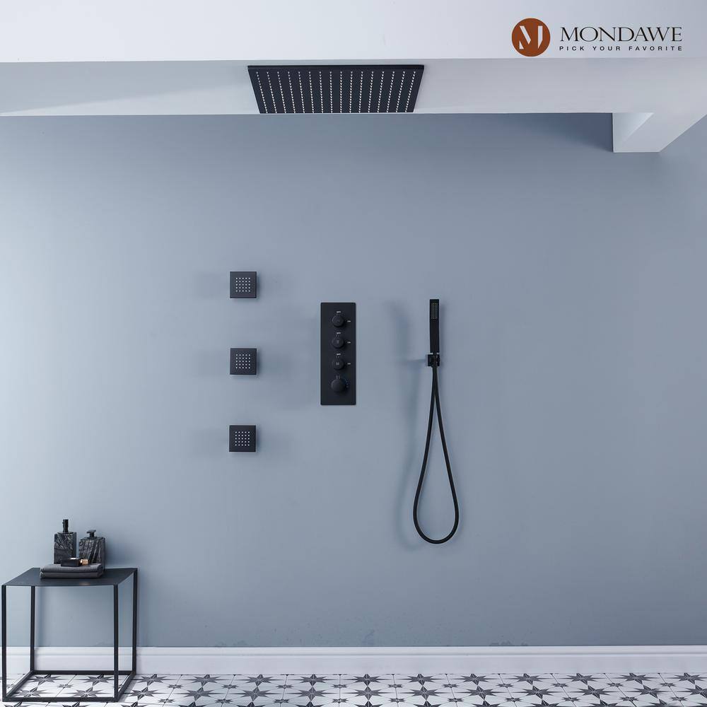 Mondawe Luxury Thermostatic 3-Spray Patterns 20 in. Flush Ceiling Mount Rain Dual Shower Heads with 3-Jet in Black WF-6368-20-B