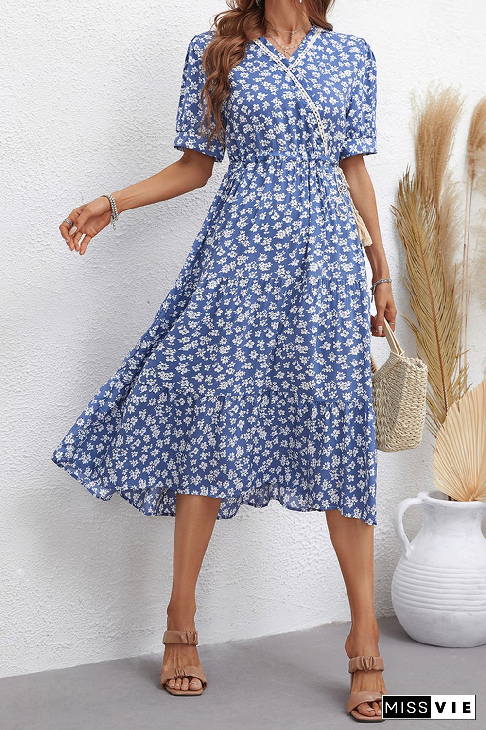 Waist Tie Flower V Neck Midi Dress