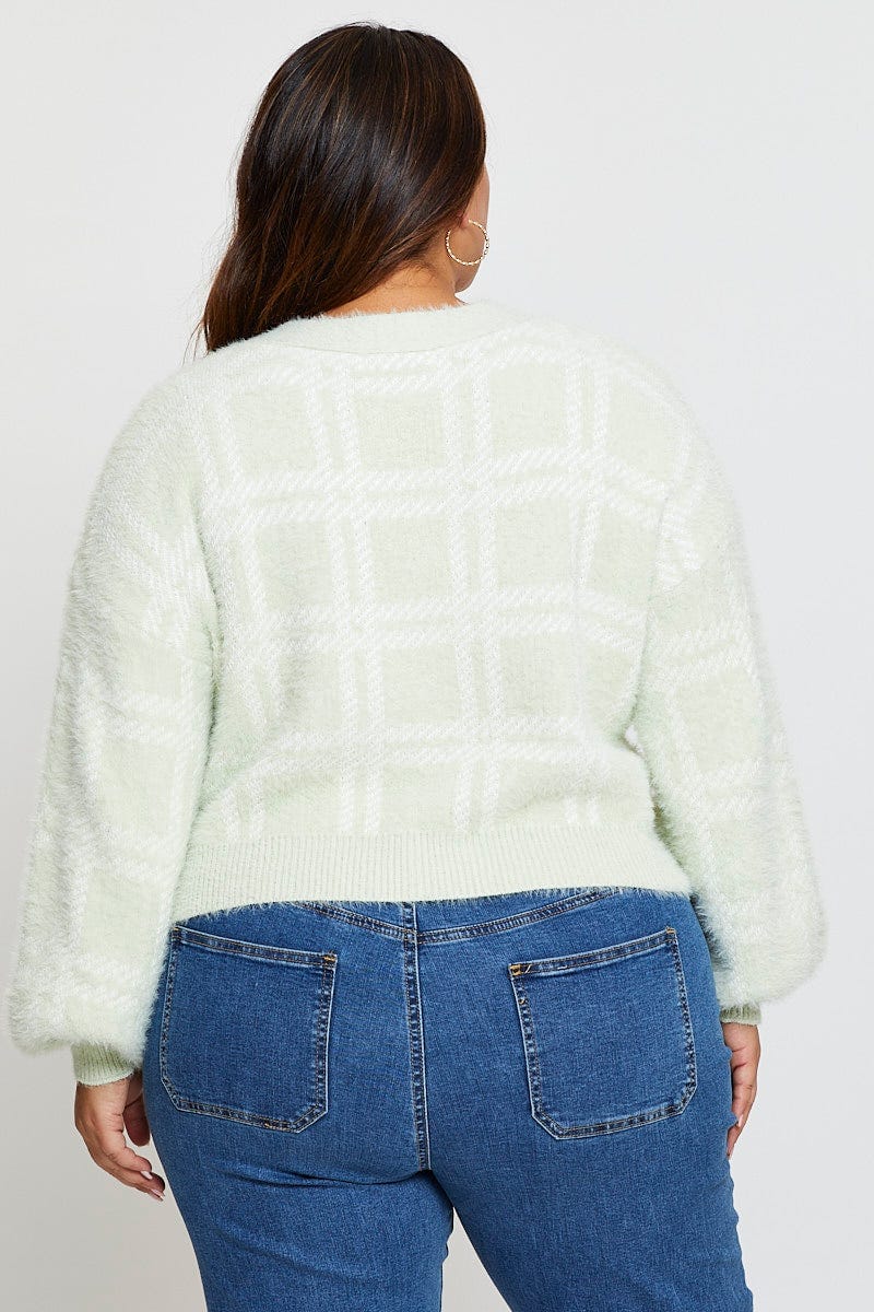 Check Cardigan Long Sleeve Fluffy Semi Crop