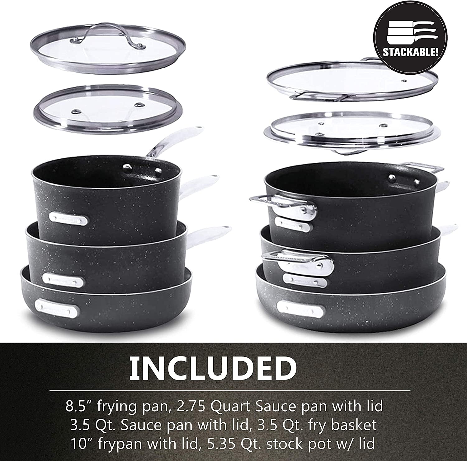 Granitestone Stackmaster Nonstick Pots and Pans Set， 10 Piece Complete Cookware Set， Stackable Design with Ultra Nonstick Mineral and Diamond Coating， Dishwasher and Oven Safe