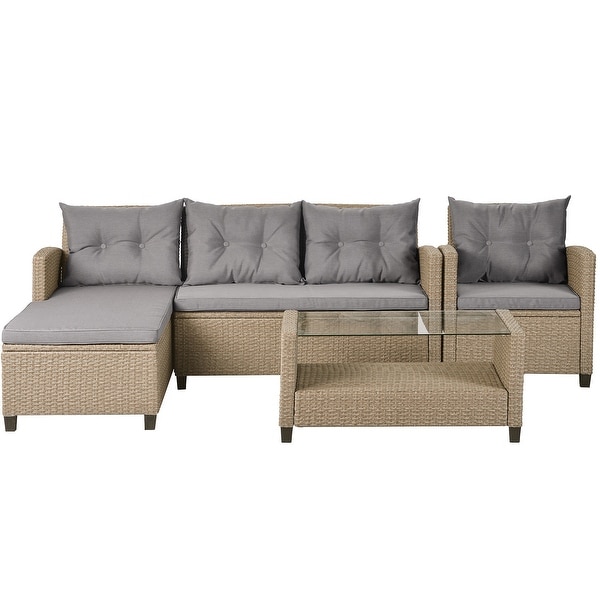 4 Piece Outdoor Patio Furniture Sets，Conversation Set Wicker Ratten Sectional Sofa with Seat Cushions(Beige Brown)