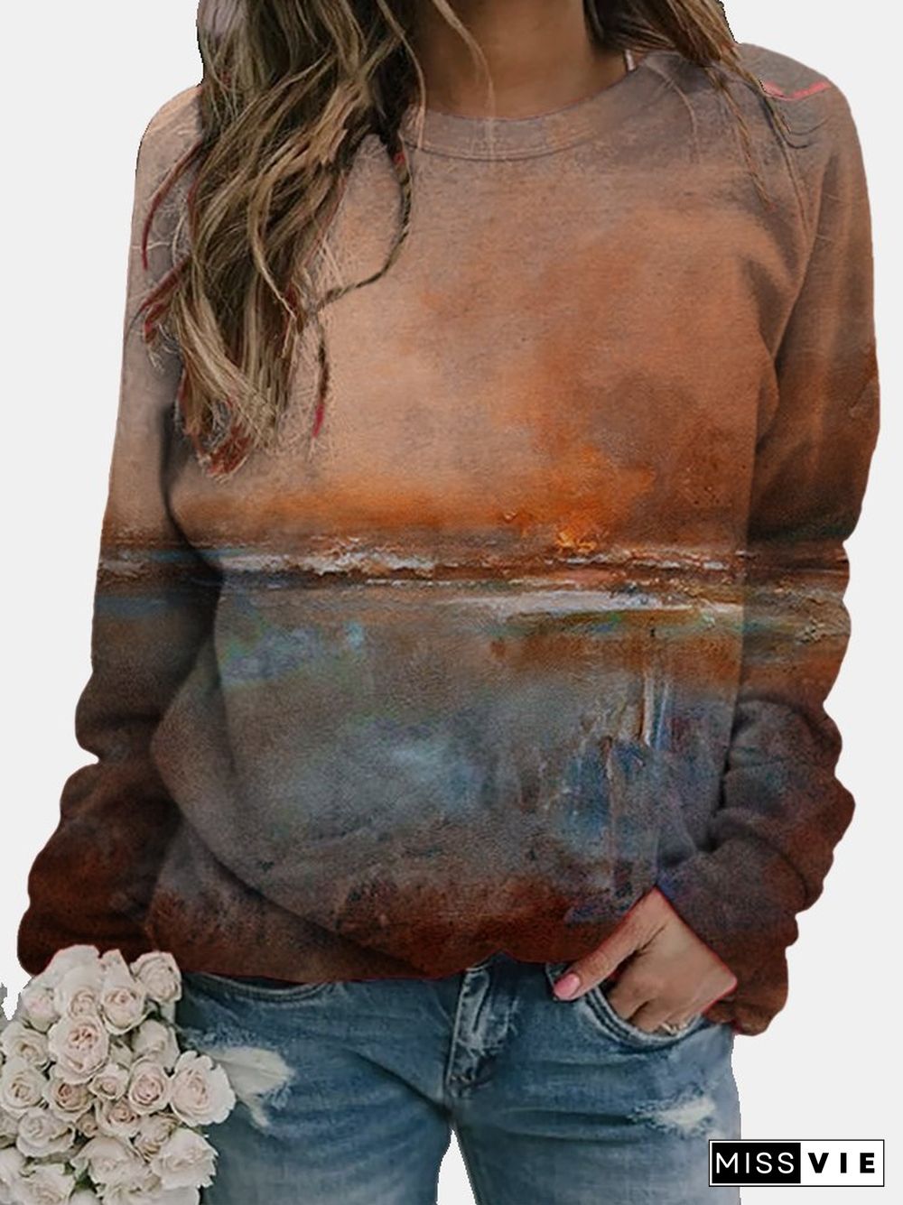 Art Oil Painting Long Sleeve Crew Neck Sweatshirts