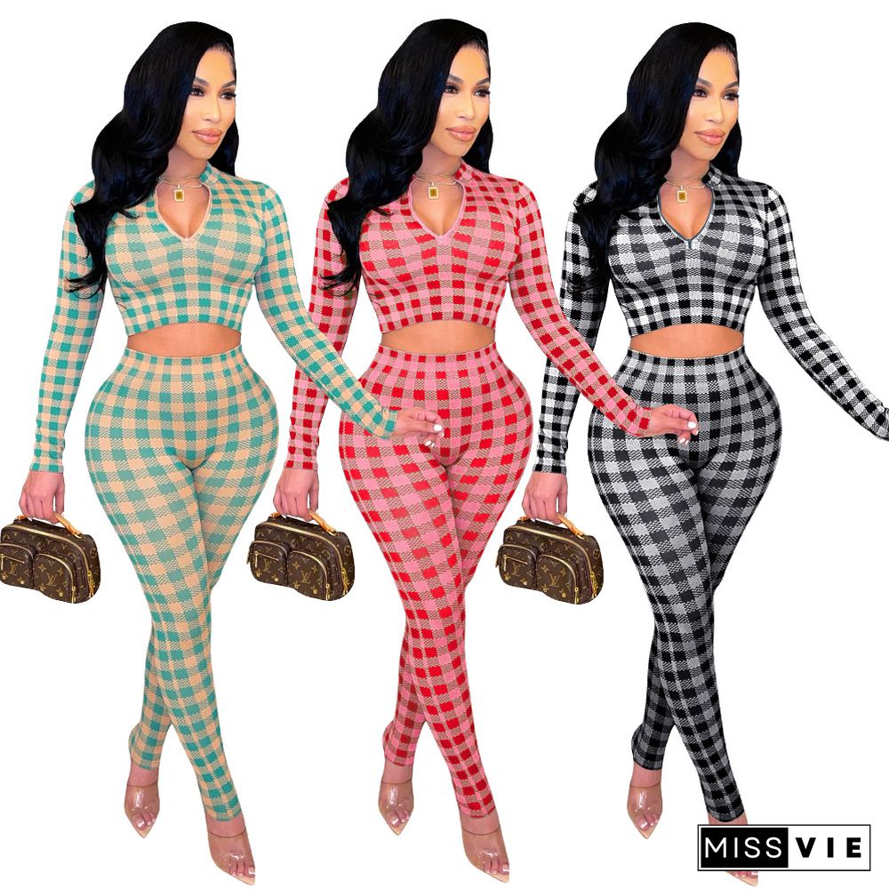 Plaid Crop Top Bodycon Pencil Pants Two Piece Set