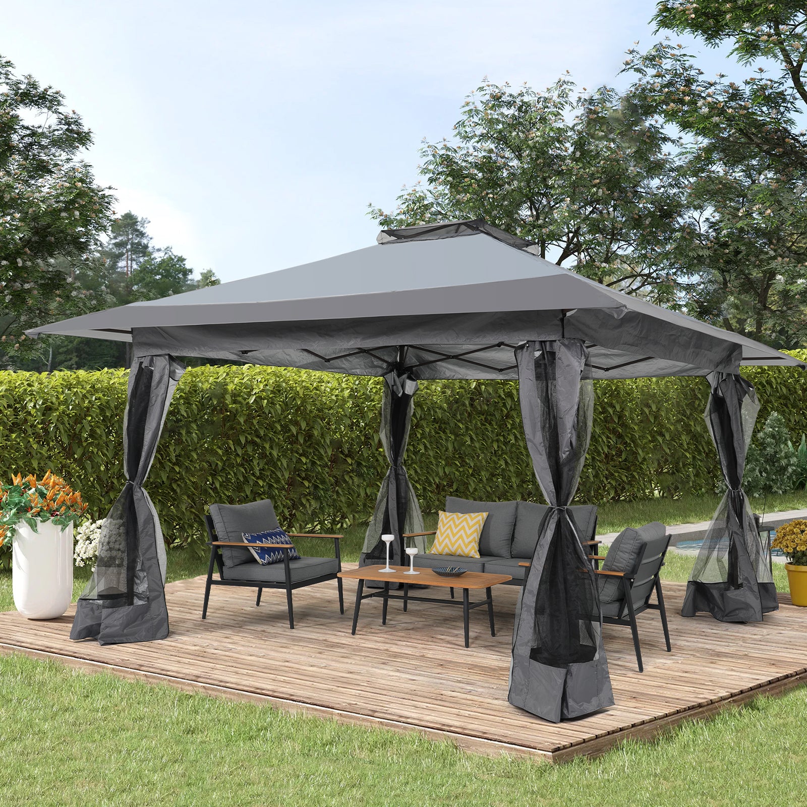 COBANA 13'x13' Outdoor Pop Up Gazebo, Canopy Gazebo Tent Shelter with Mosquito Netting and Shade Canopy for Patio, Garden, Lawn and Backyard, Gray