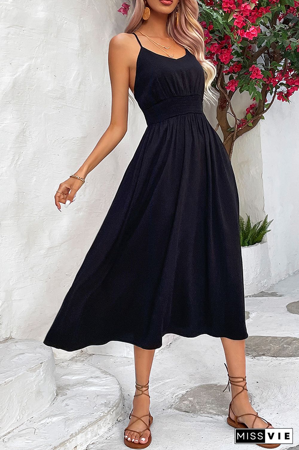 Black Spaghetti Elastic Waist Long Dress